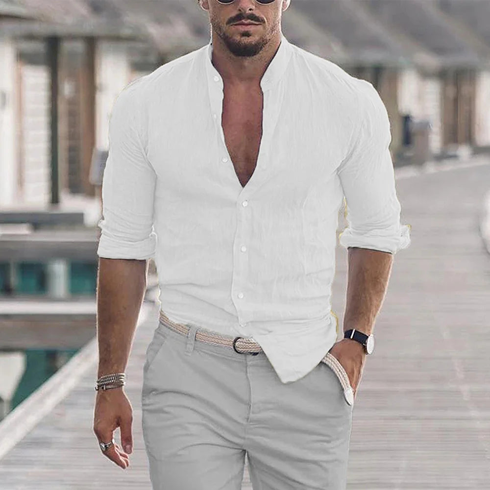 Men's Cotton Linen Shirt — Mandarin Collar