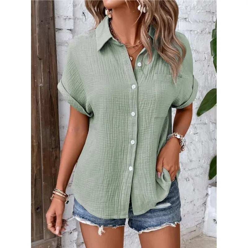 Women's Cotton Blouse — Short Sleeve Collar