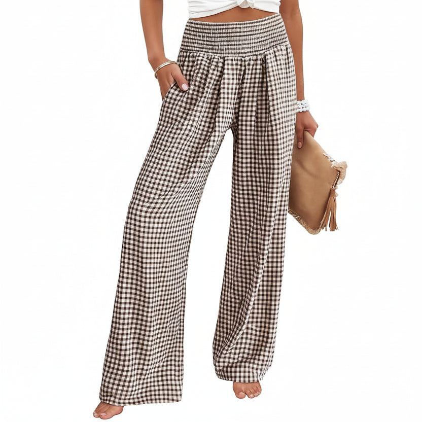 Women's Gingham Wide Leg Pants — Relaxed Fit