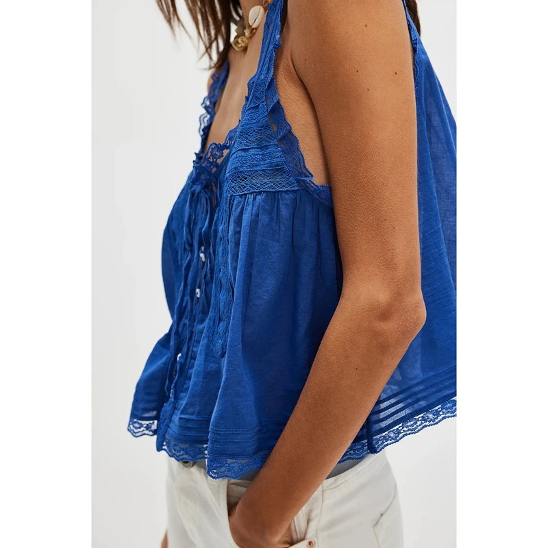 Women's Lace Trim Crop Tank Top — Tie Front