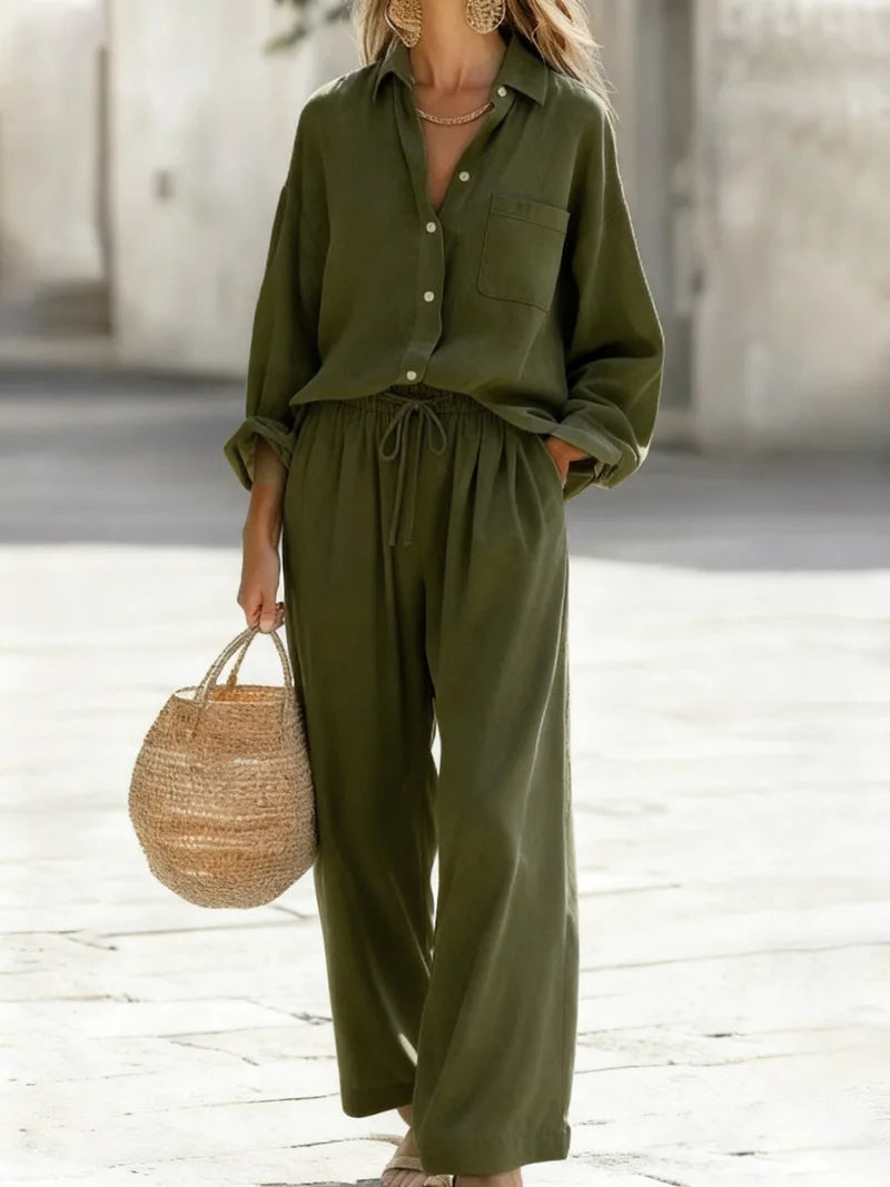 Women's Collared Shirt & Wide Leg Pant Set — Two-Piece