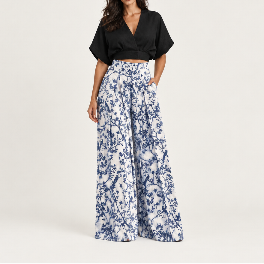 Women's V-Neck Top & Floral Wide Leg Pant Set