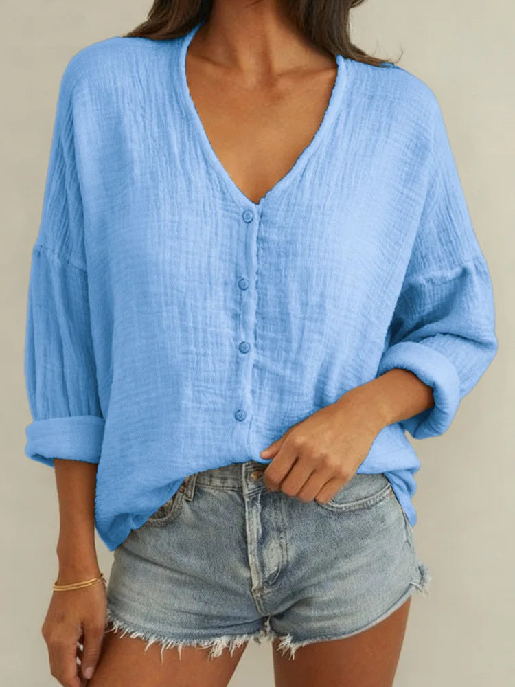 Women's Long Sleeve V-Neck Button Shirt — Loose Fit