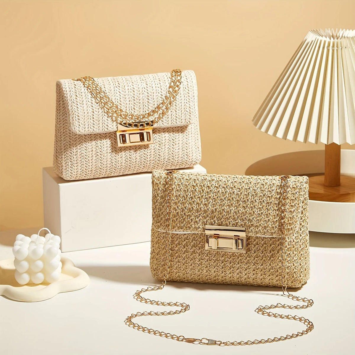 Women's Handwoven Straw Shoulder Bag — Lock Closure