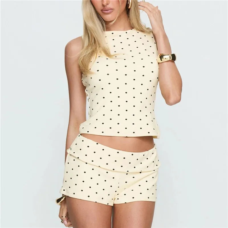 Women's Polka Dot Tank & Shorts Set — High Neck