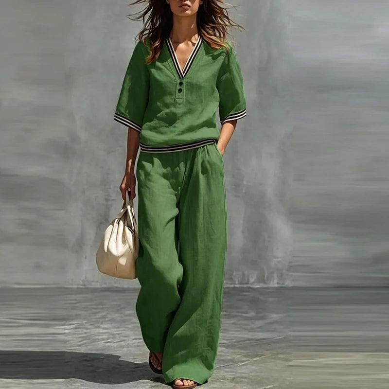 Women's Striped Button Shirt & Wide Leg Set