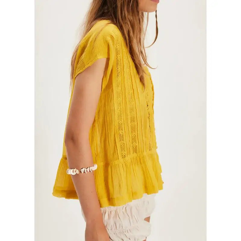 Women's Lace Panel Blouse — Square Neck Button