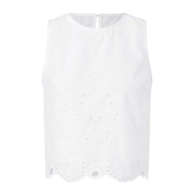 Women's Eyelet Scallop Hem Tank — White