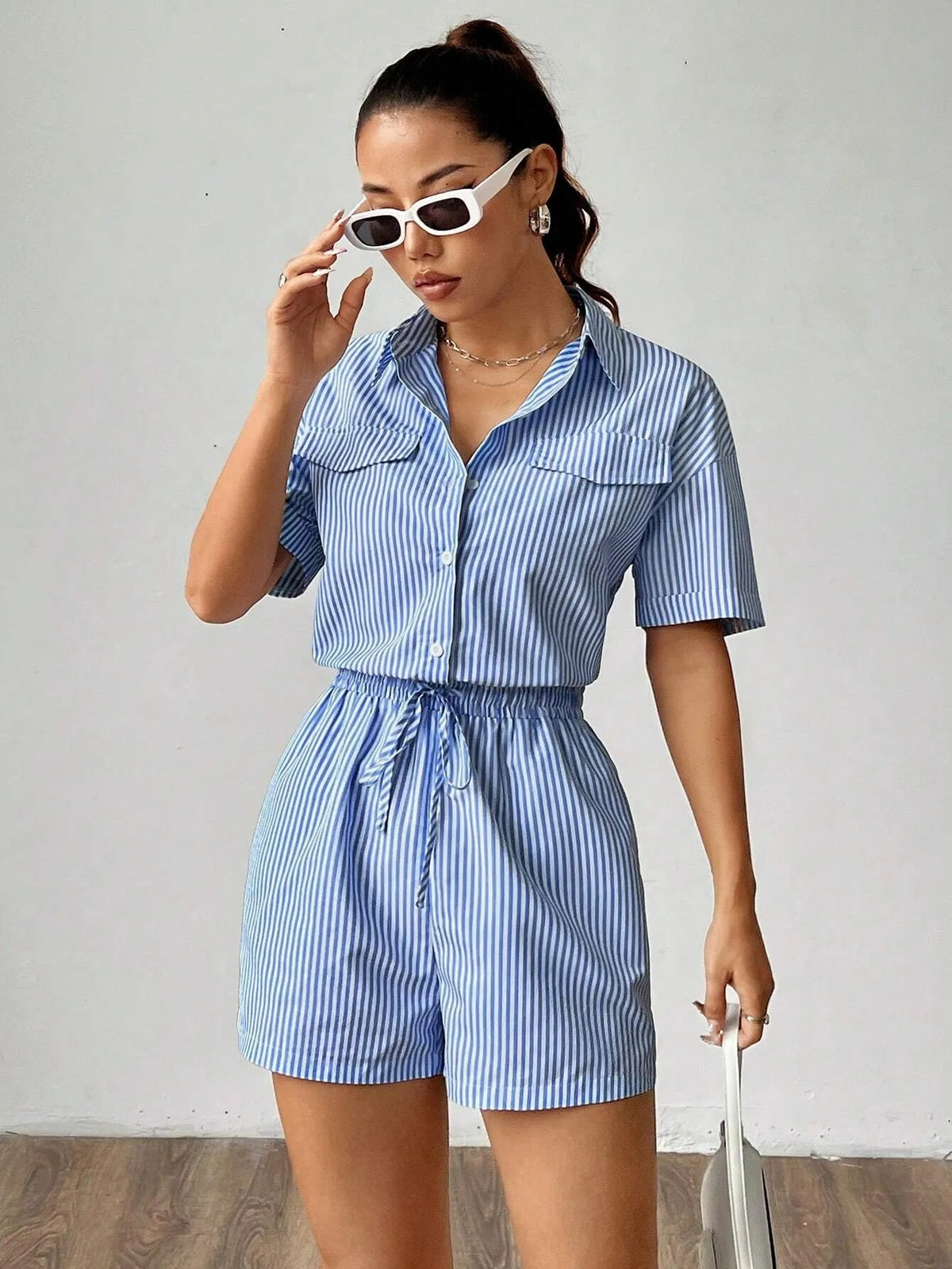 Women's Striped V-Neck Jumpsuit — Tie Waist