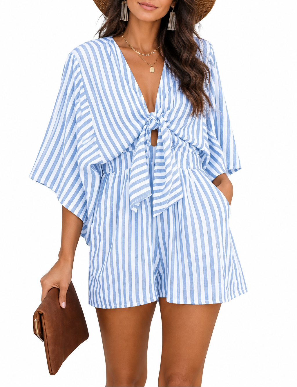 Women's Striped Flared Sleeve Jumpsuit — Deep V