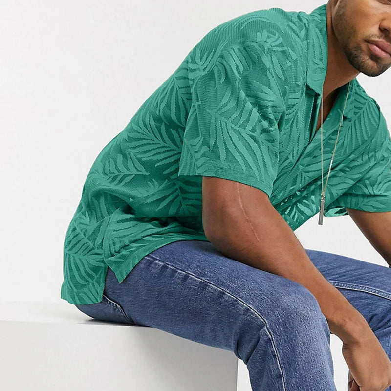 Men's Leaf Print Open-Knit Shirt — Short Sleeve