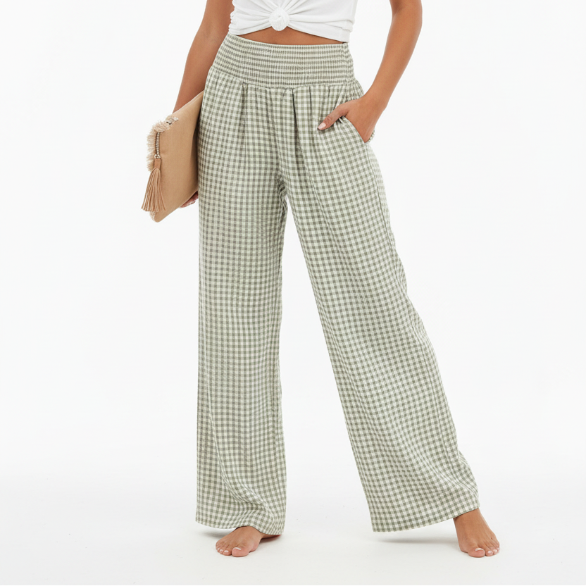 Women's Gingham Wide Leg Pants — Relaxed Fit