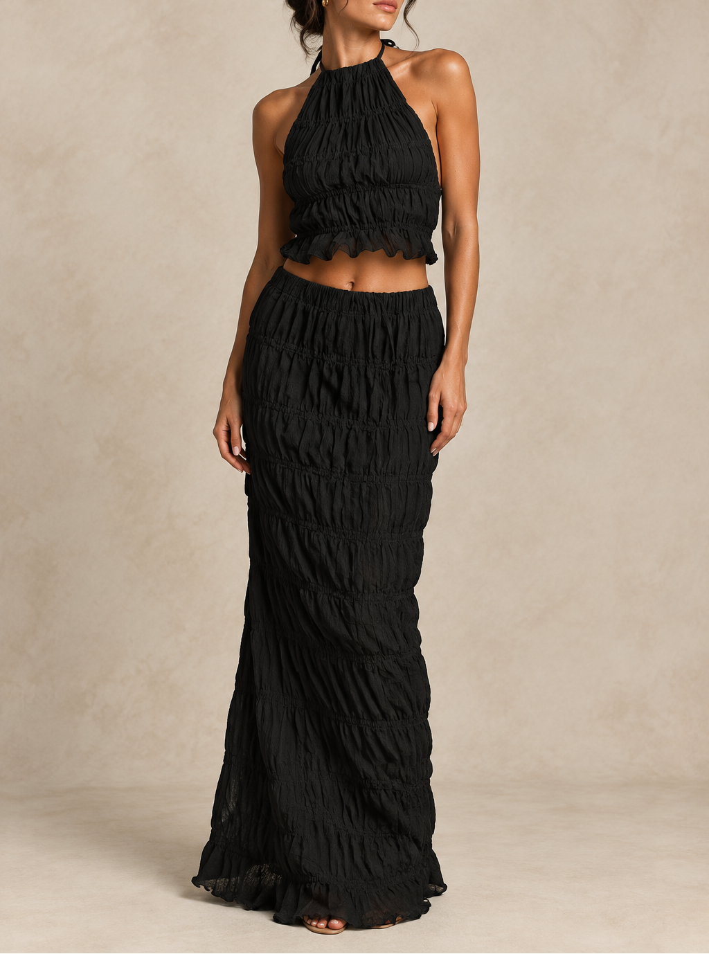 Women's Ruched Halter Top & Maxi Skirt Set — Backless