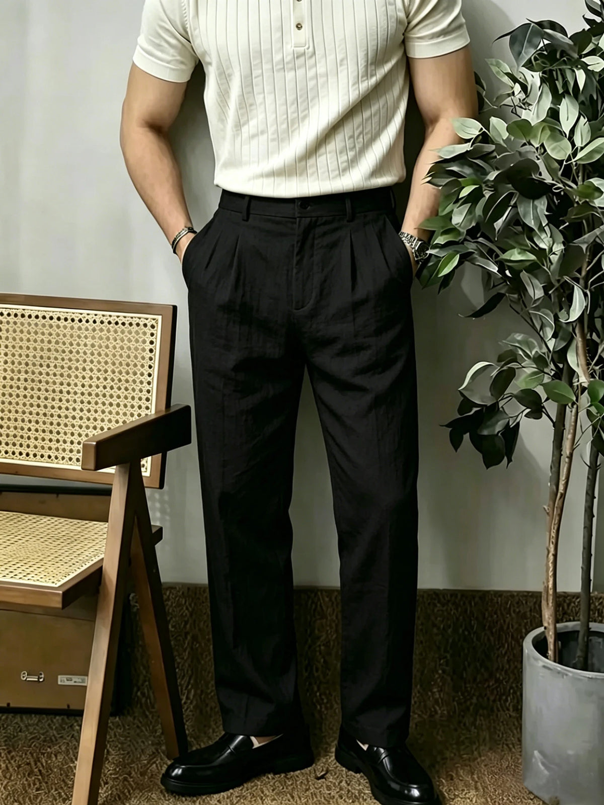 Men's Draped Linen Trousers — Straight Leg