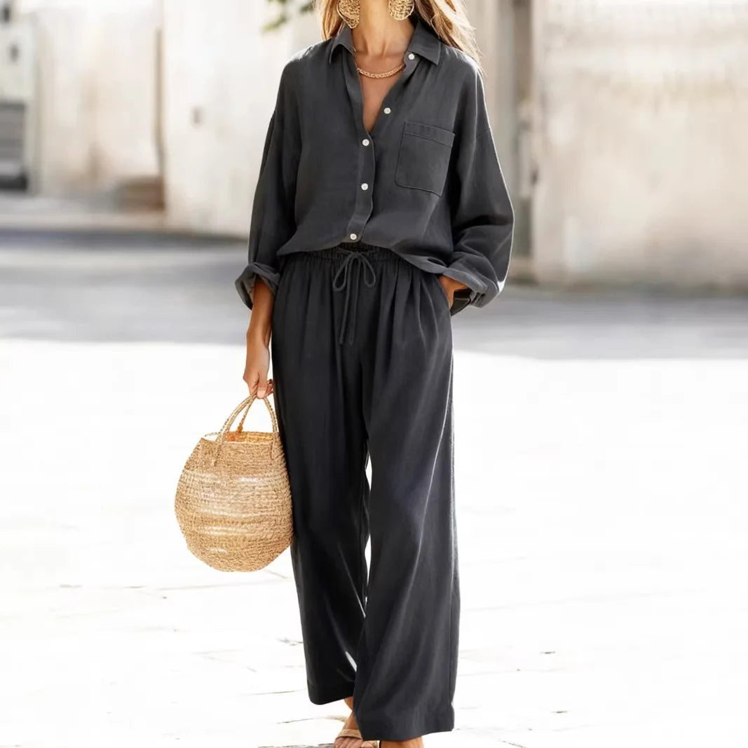 Women's Collared Shirt & Wide Leg Pant Set — Two-Piece