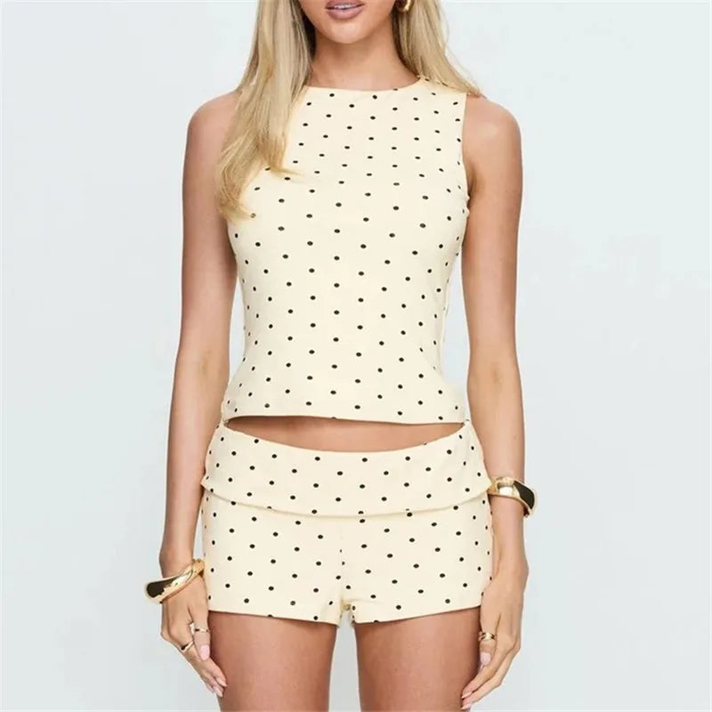 Women's Polka Dot Tank & Shorts Set — High Neck