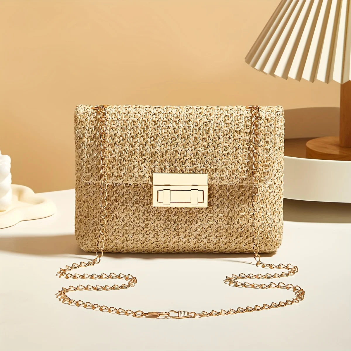 Women's Handwoven Straw Shoulder Bag — Lock Closure