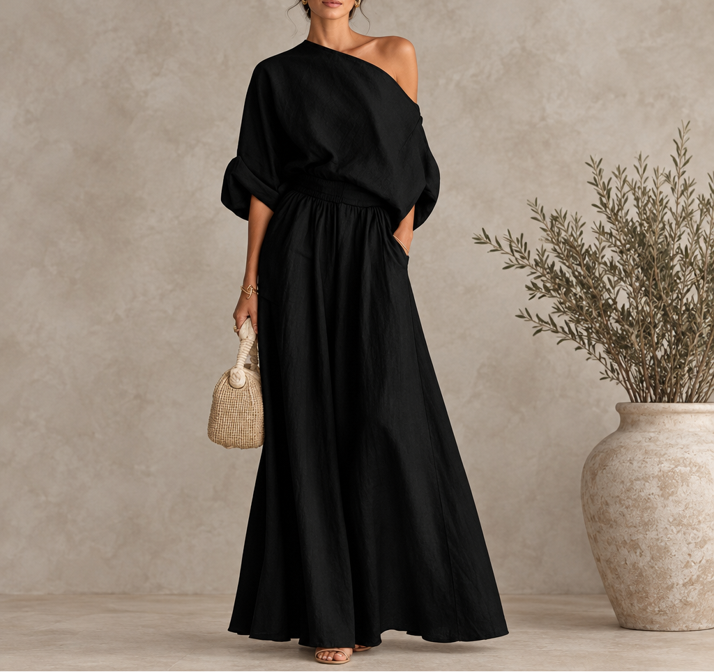 Women's Skew Neck Top & Wide Leg Pant Set