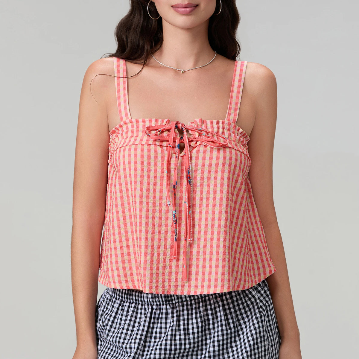 Women's Plaid Smocked Cami Top — Tie Front