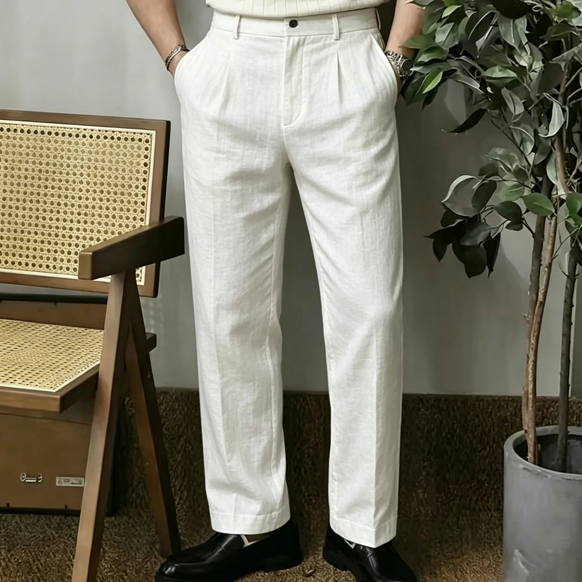 Men's Draped Linen Trousers — Straight Leg