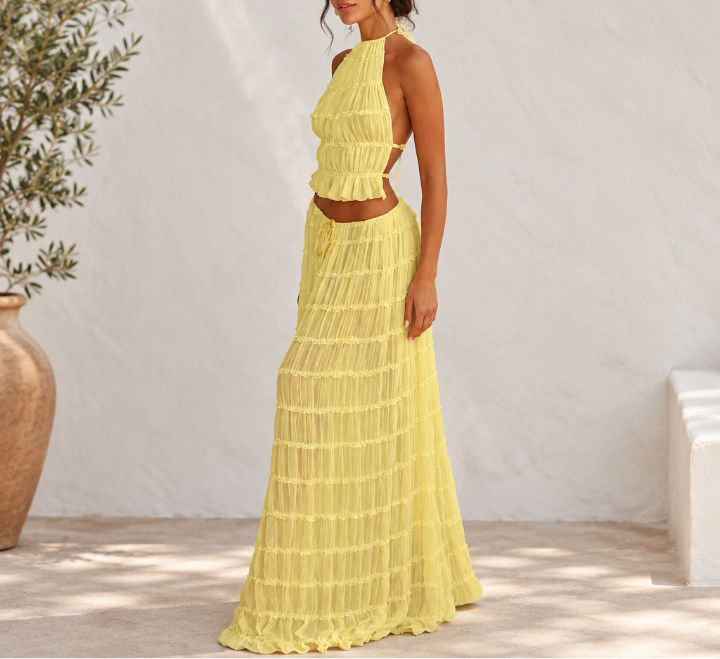 Women's Ruched Halter Top & Maxi Skirt Set — Backless