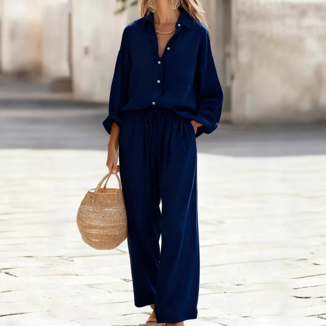 Women's Collared Shirt & Wide Leg Pant Set — Two-Piece