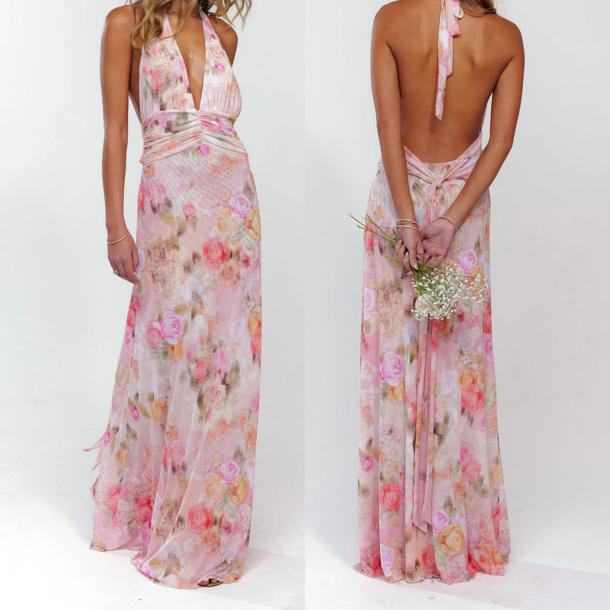 Women's Halter Maxi Dress — Backless Ruffle Hem