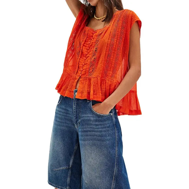 Women's Lace Panel Blouse — Square Neck Button