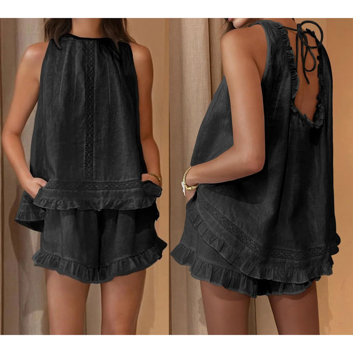 Women's Cotton Linen Top & Shorts Set — Lace Trim