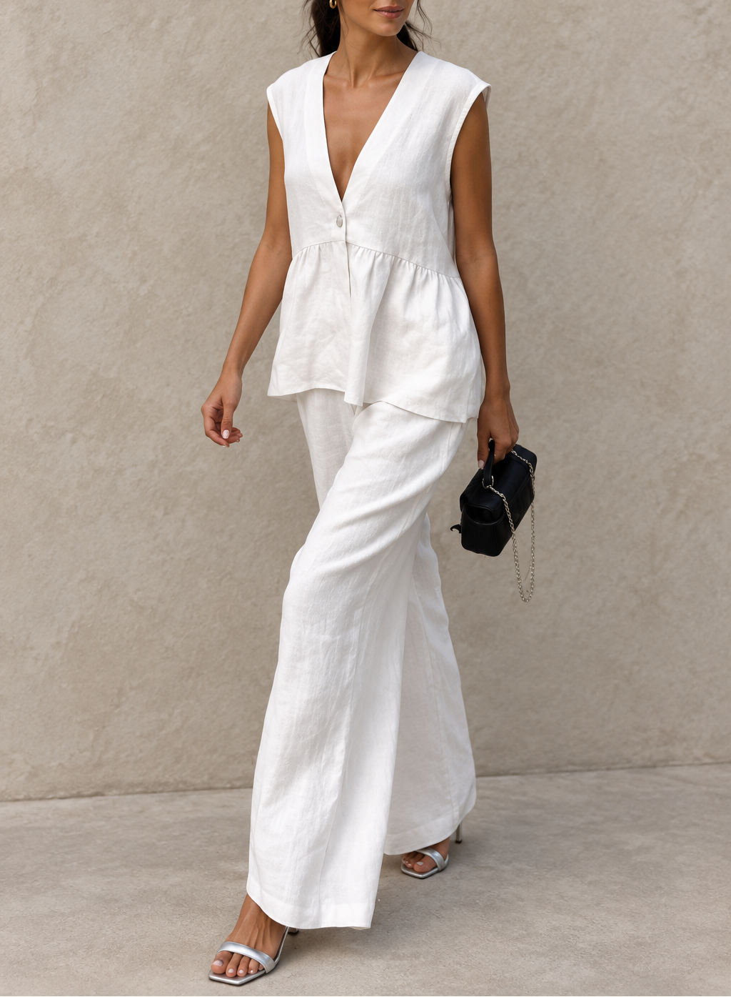 Women's Linen V-Neck Vest & Wide Leg Trouser Set