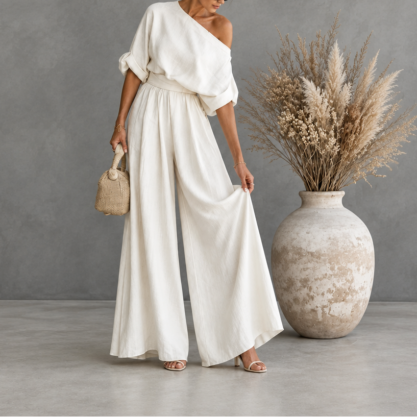 Women's Skew Neck Top & Wide Leg Pant Set