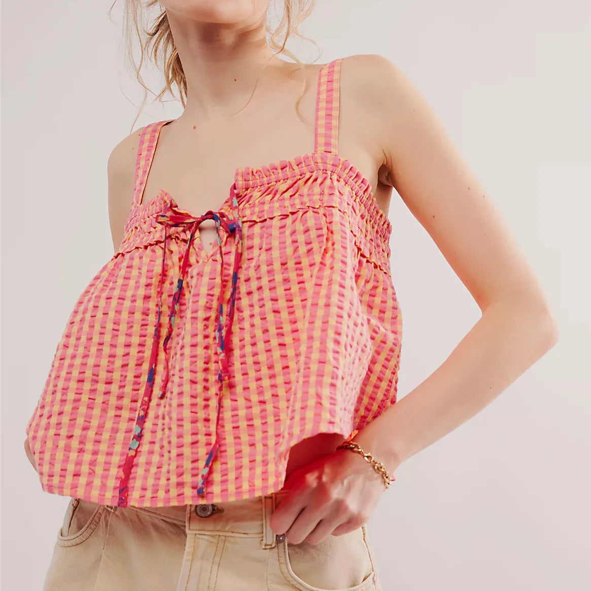 Women's Plaid Smocked Cami Top — Tie Front
