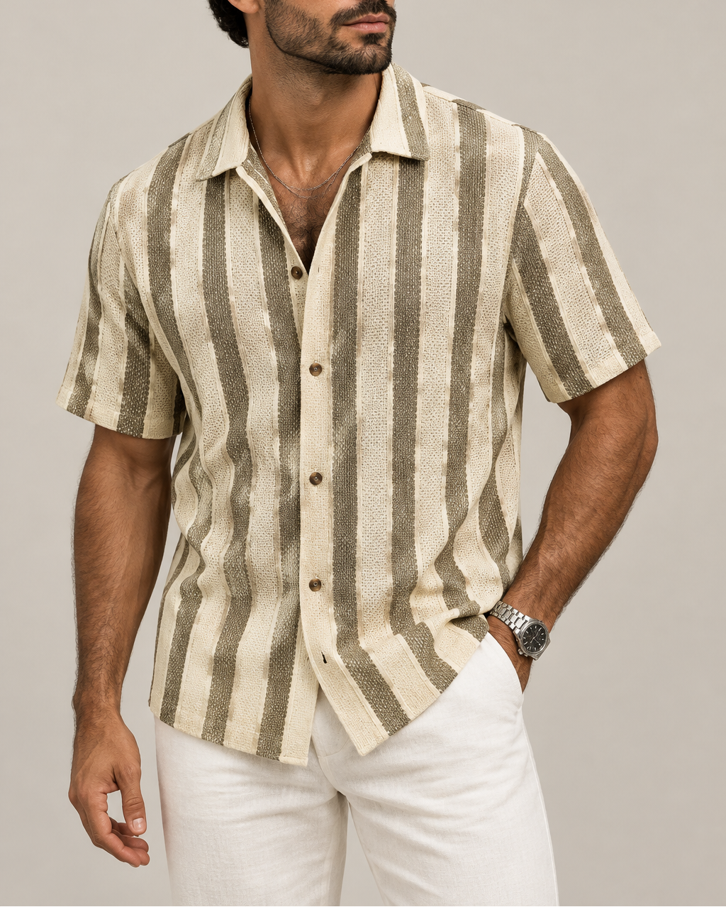 Men's Striped Cuban Collar Shirt — Short Sleeve