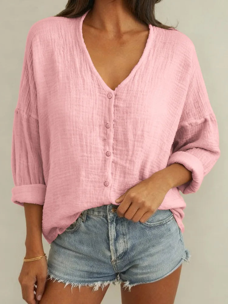 Women's Long Sleeve V-Neck Button Shirt — Loose Fit