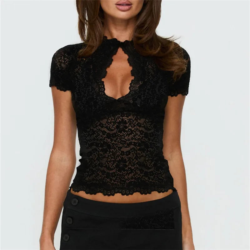 Women's Lace Mock Neck Crop Top — Keyhole