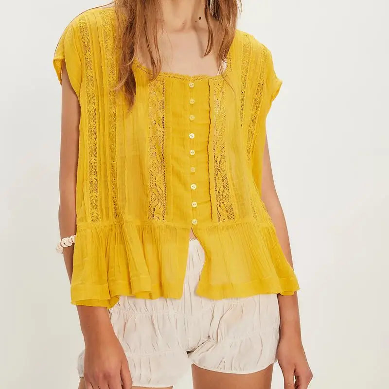 Women's Lace Panel Blouse — Square Neck Button