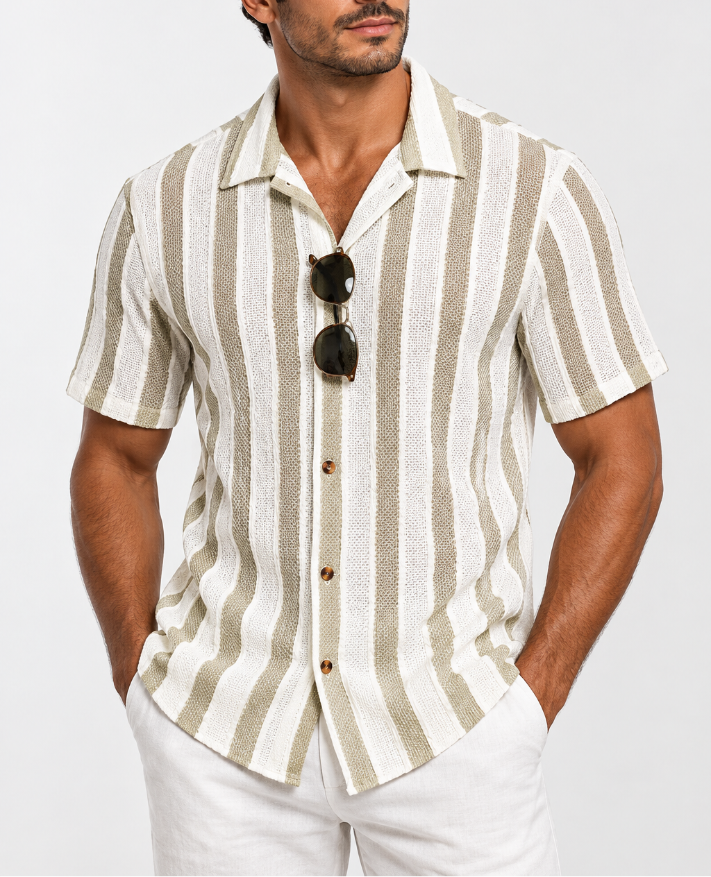 Men's Striped Cuban Collar Shirt — Short Sleeve