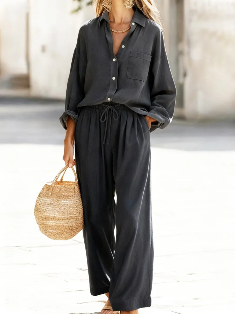 Women's Collared Shirt & Wide Leg Pant Set — Two-Piece