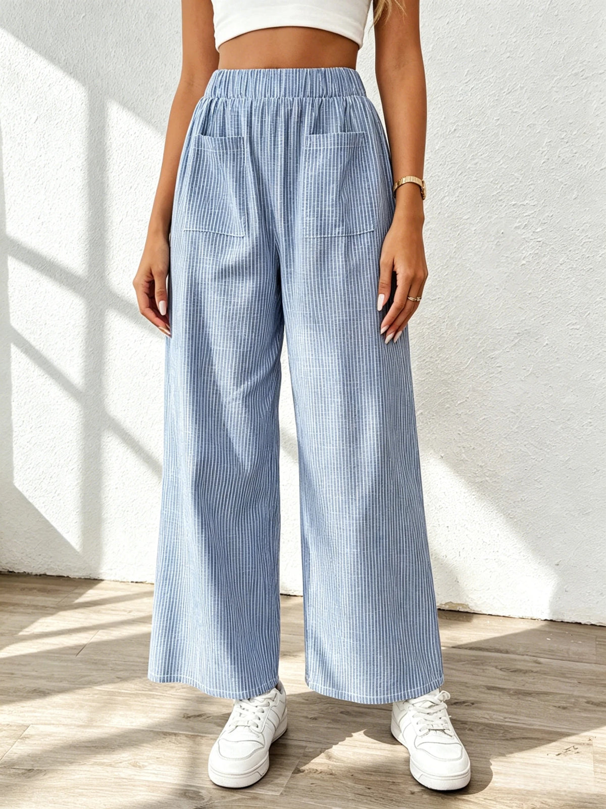 Women's Striped Wide Leg Pants — Elastic Waist