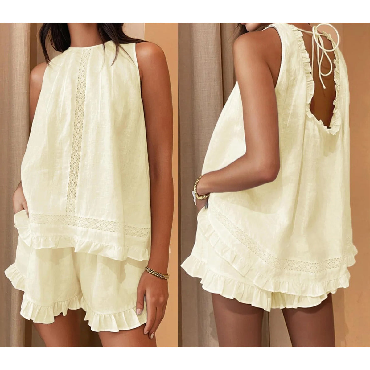 Women's Cotton Linen Top & Shorts Set — Lace Trim