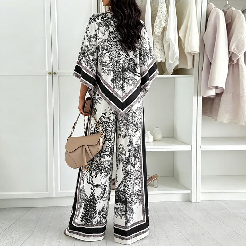 Women's Printed Shirt & Wide Leg Pant Set — 3/4 Sleeve