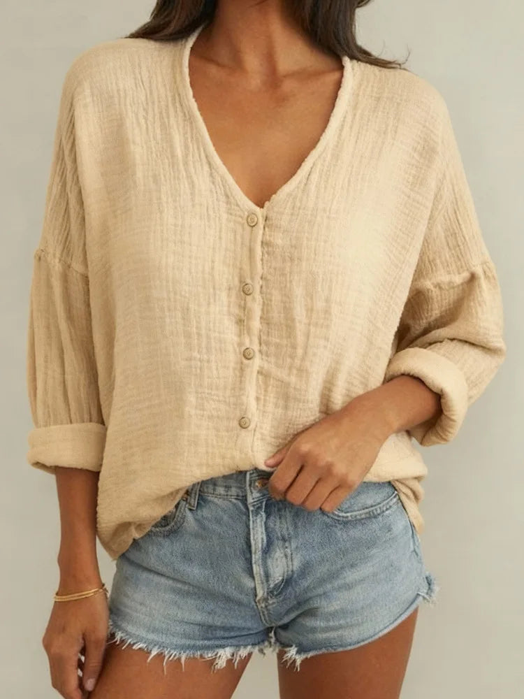Women's Long Sleeve V-Neck Button Shirt — Loose Fit