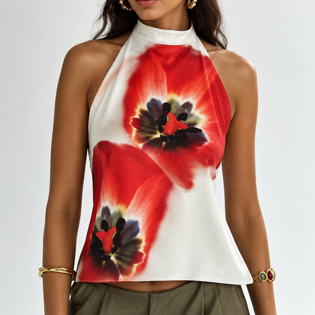 Women's Printed Halter Crop Top — Button Front