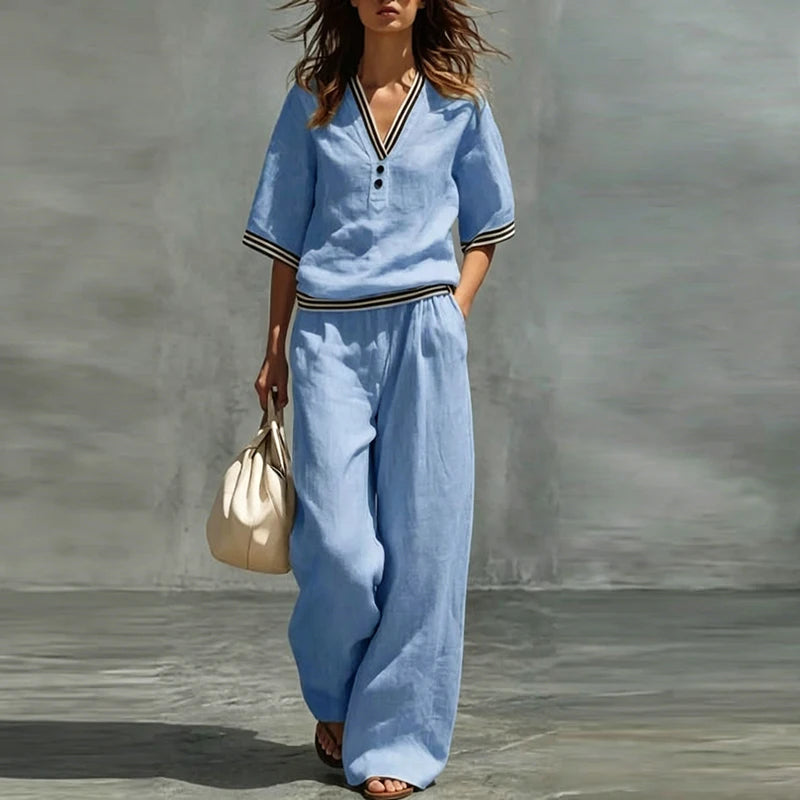 Women's Striped Button Shirt & Wide Leg Set