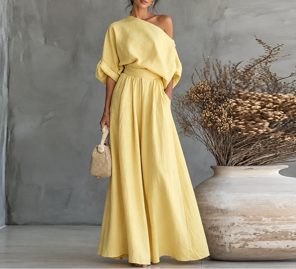 Women's Skew Neck Top & Wide Leg Pant Set