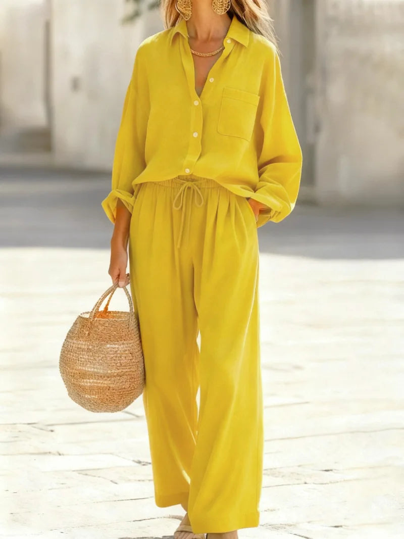 Women's Collared Shirt & Wide Leg Pant Set — Two-Piece