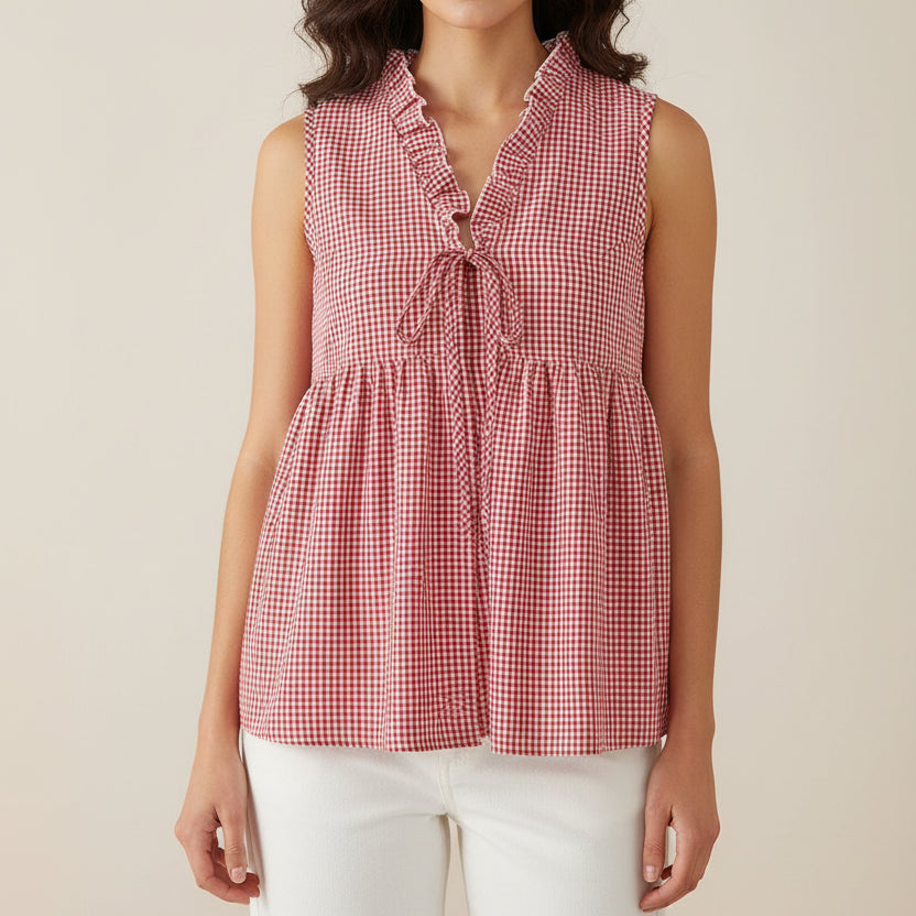 Women's Gingham Ruffle Tank Top — Lace-Up V-Neck