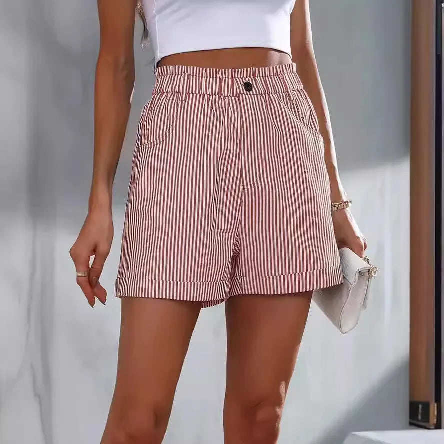 Women's Striped Shorts — Elastic Waist Pockets