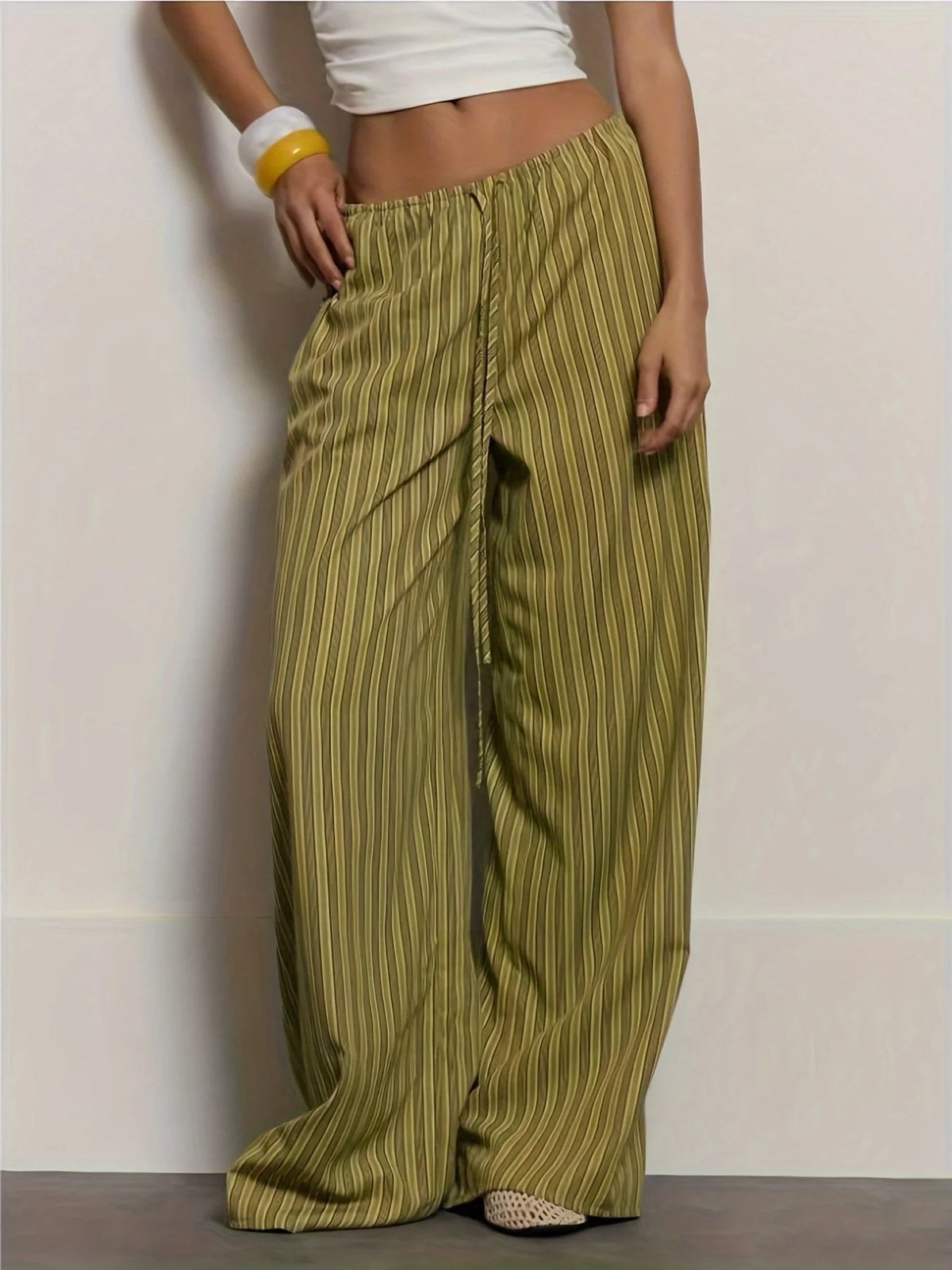 Women's Olive Striped Wide Leg Pants — Drawstring