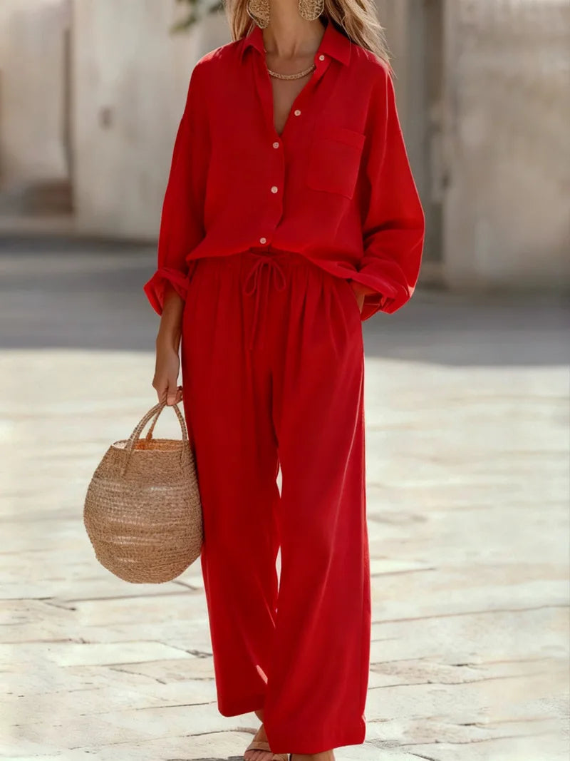 Women's Collared Shirt & Wide Leg Pant Set — Two-Piece